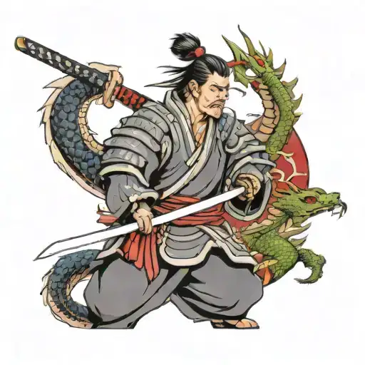 A Samurai Wearing Traditional Armor Holding A Katana Being Guided By A Dragon