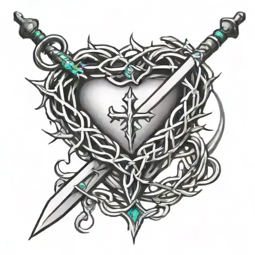 A Simple Drawing Of A Crown Of Thorns Resting On A Sword Piercing A Heart