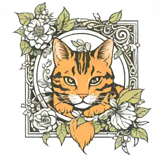 Cute Cartoon Orange Cat With Golden Tabby Stripes Inside Of A Picture Frame Surrounded With Foliage