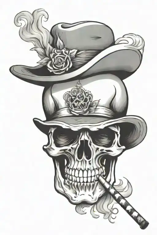 Skull With Moustache And Cigarette And A Thetral Mask Covering Half Of The Skull