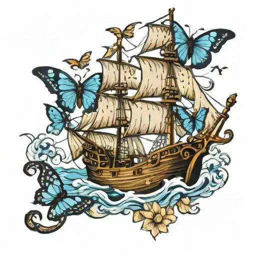 Old Pirate Ship With Butterflies As Sails