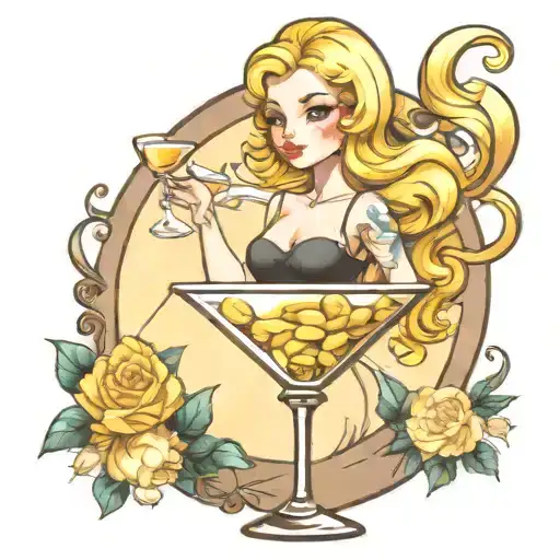 Hot Blondy Cartoon Girl Inside A Martini Glass