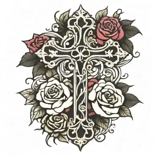Gothic Cross With A Vine Of Roses Wrapping Around It Black And White Shaded