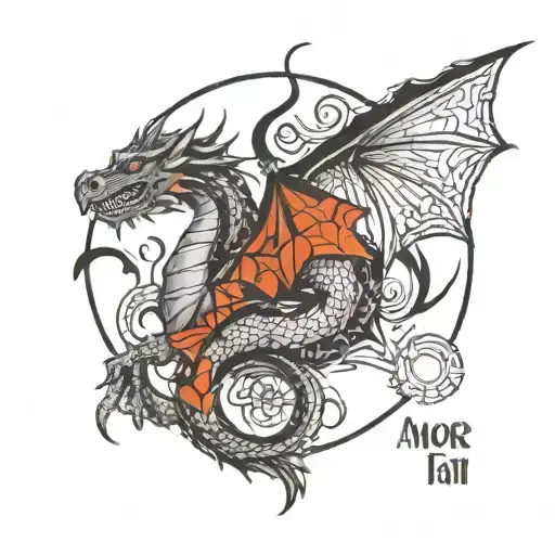 In Black And White Geometric Style Dragon And Text Amor Fati