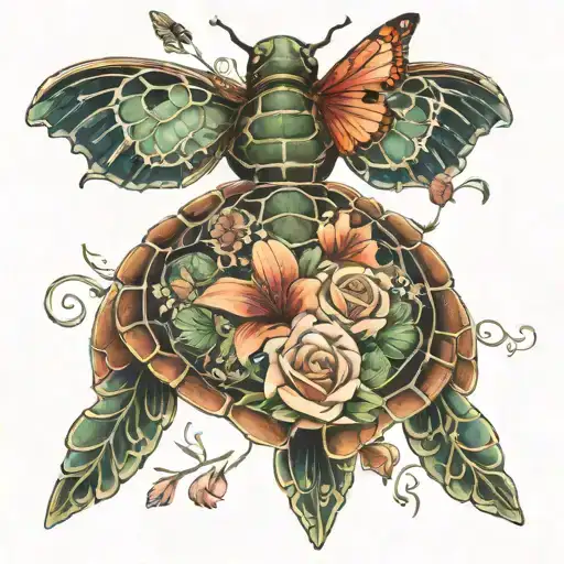 Tatoo Cap Shoulder Half Butterfly With Inperfect Wing Half Sea Turtle All Hidden In Flowers