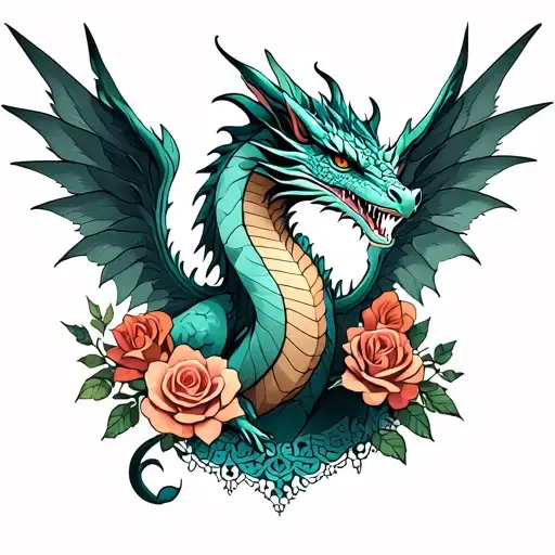 Dragon With Wings And Roses And Lace Patterns