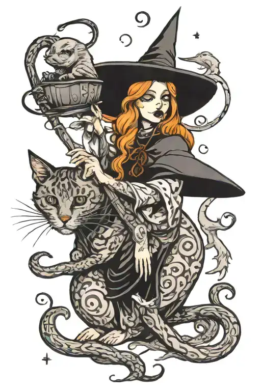 Witch With A Rat On A Ginger Cat