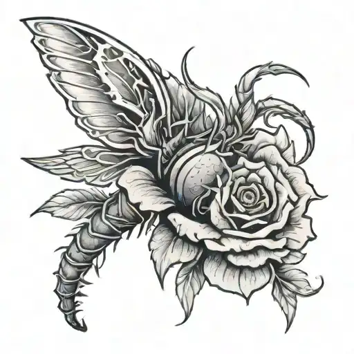 A Red Rose With Scorpion And A Pheniox Wings Wrapped Loosely