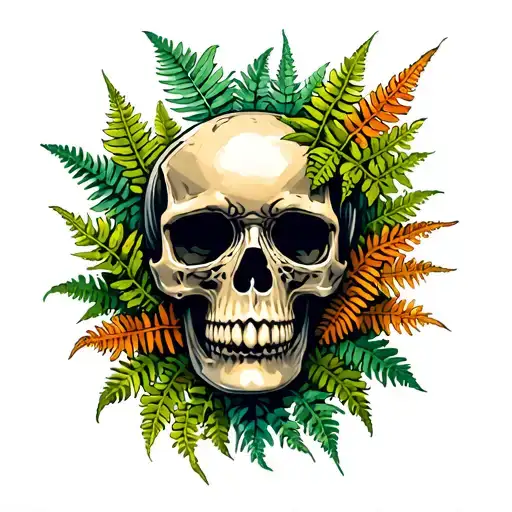 Mechanical Skull And Ferns Wrapping Around It