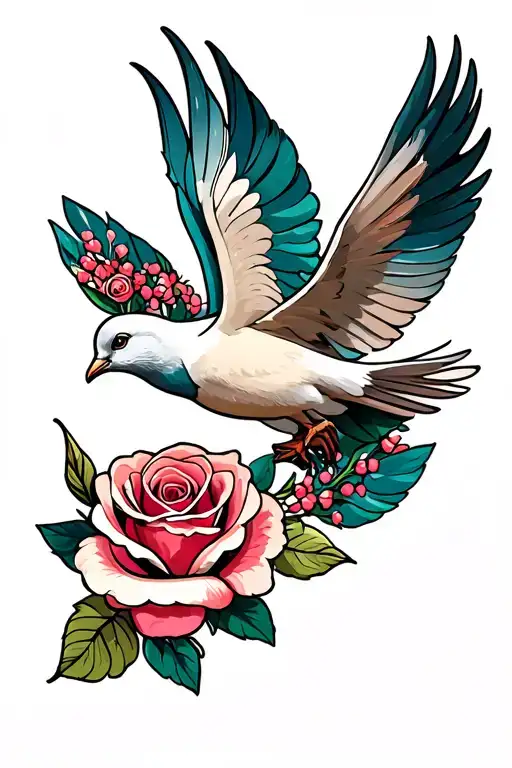 Rose Feather And A Dove Flying