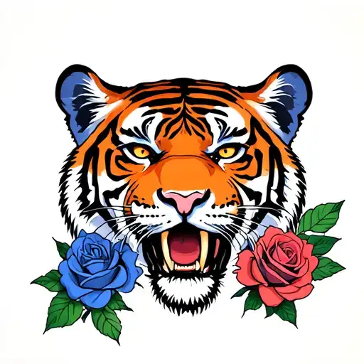 Blue Colour Tattoo Of A Full Tiger With Roses