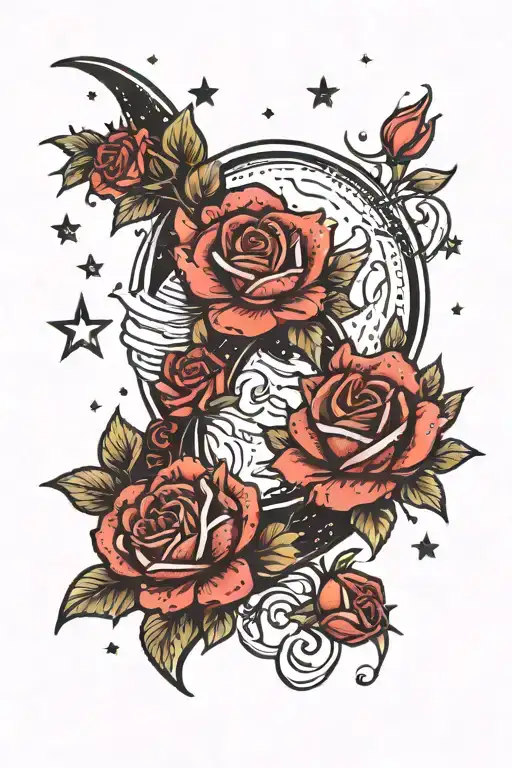 A Blackwork Tattoo Of A Moon With Roses And Glitter Falling From The Sky
