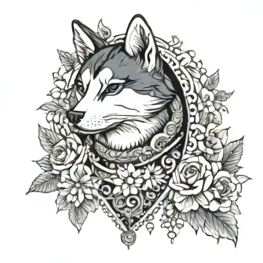 A Cat Around The Neck Of A Husky Dog In A Floral Background
