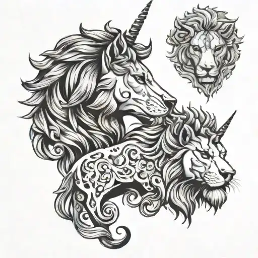 Greyscale Unicorn And Lion Head