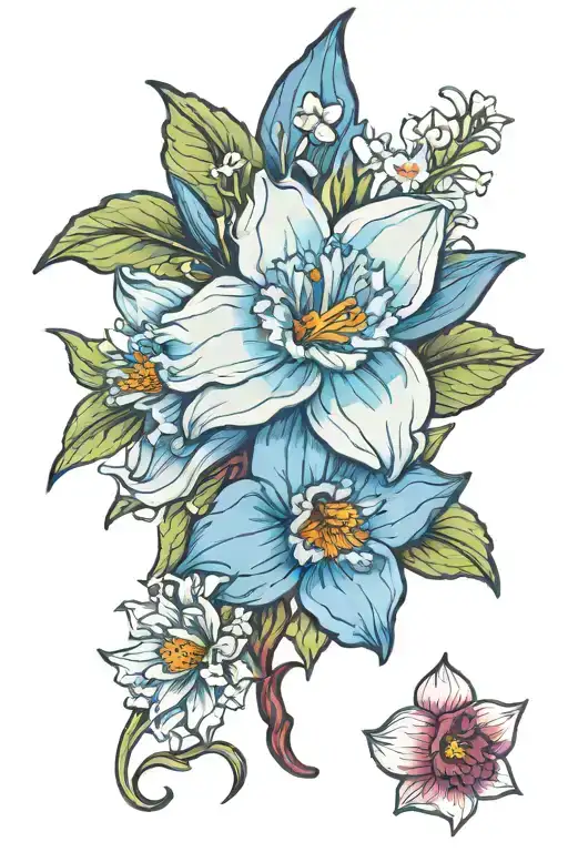 Light Blue Daffodil With White Daisy And Ruby Larkspur Flower