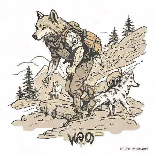 A Hiker Climbing A Mountain With Their Family And A Wolf Following Close Behind