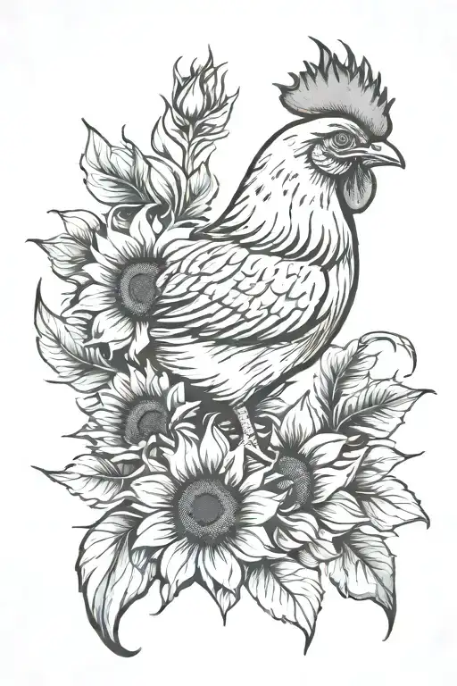 Chicken Sitting On Sunflower Blooming
