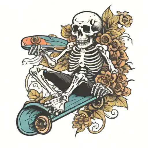 Skeleton With Mushrooms And A Skateboard