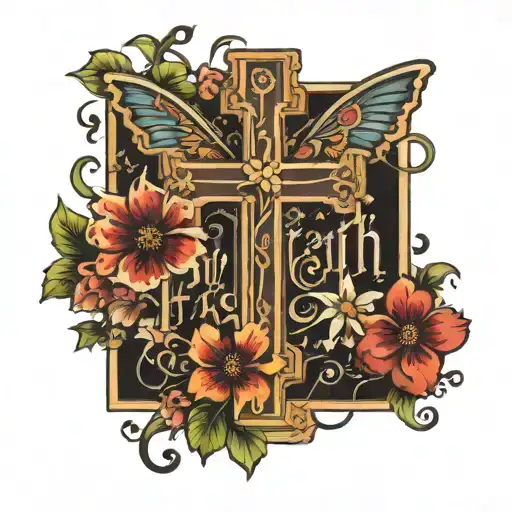 Cross With The Word Faith With Flowers And Butterflies