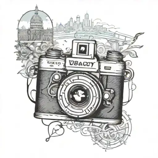 Vintage Camera And Printed Vacancy Pictures And Water And City