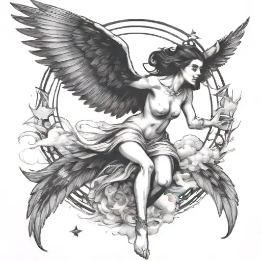 Woman With Raven Head And Wings Flying To Sun Surrounded By Clouds And Stars