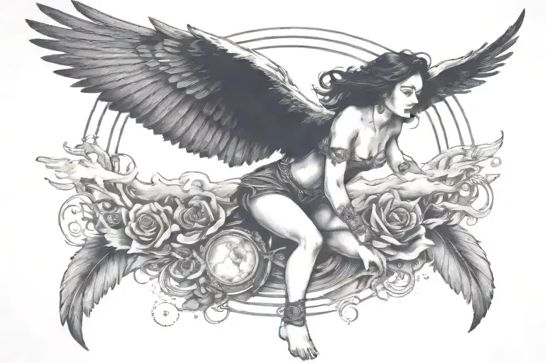 Woman With Raven Head And Wings Flying Surrounded By Clouds Stars And Sun