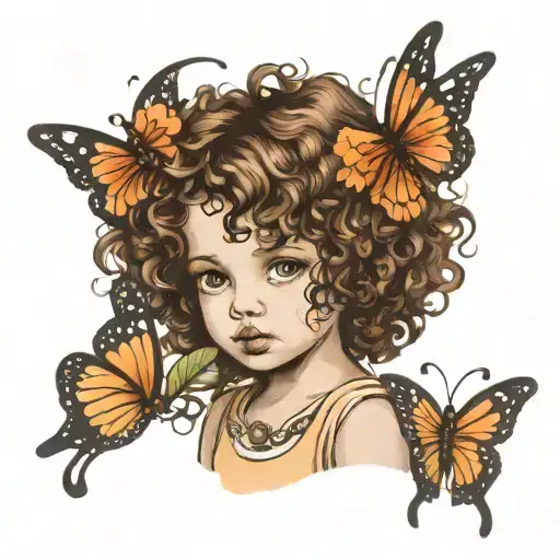 Curly Hair Little Girl With Butterfly And Angel Wings