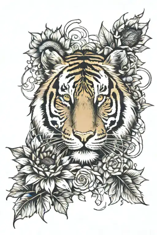 Tiger Surrounded By Sunflowers Emerging With Forest On Bottom And A Penny