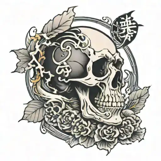 Skull And Moon Inscription In Japanese Style
