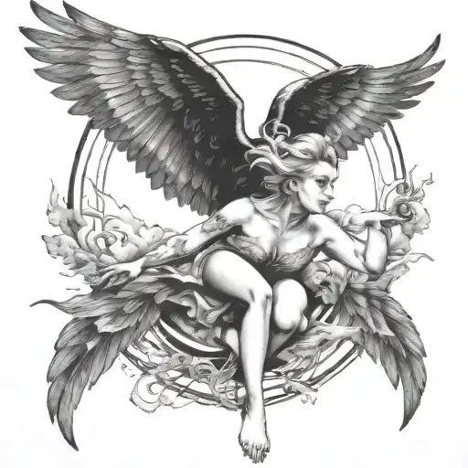 Woman With Raven Head And Wings Flying To Sun Surrounded By Clouds And Stars