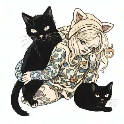 Albino Girl With Black Cat Beanie And Pajamas