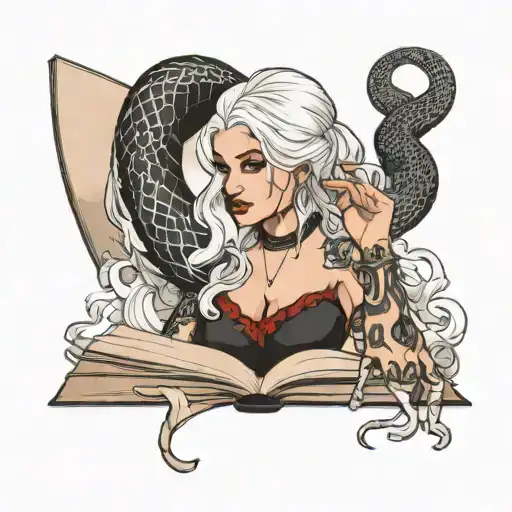 Black Snake Woman With White Hair Tattoo Holding Open Book