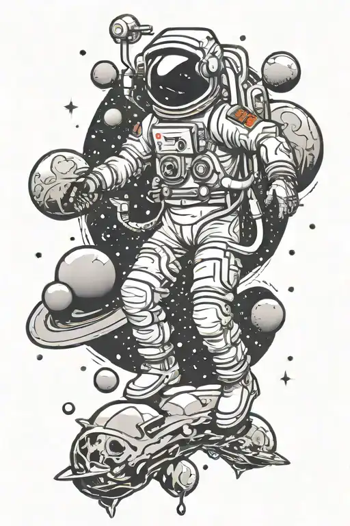 Astronaut And Planet And Moons Orbiting Each Other