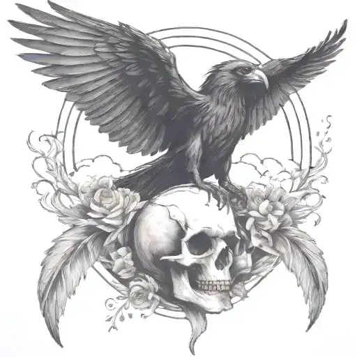 Raven Holding A Skull Flying Away Surrounded By Rolling Wind And Clouds