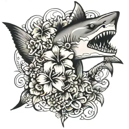 Shark With Hibiscus And Plumeria Flowers