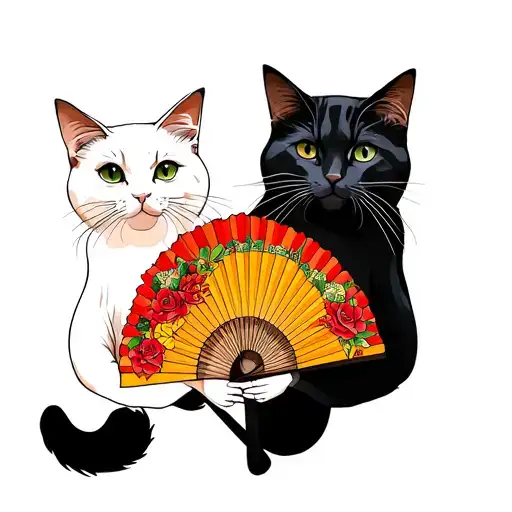 Two Cats One Black And One White Holding A Fan