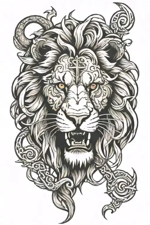 Growling Lion With Cross Intertwined