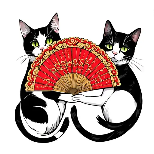 Two Cats Black And White Holding A Fan