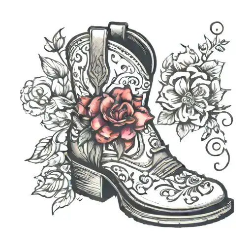 Cowboy Boots With Flowers And Paw Print Surrounded