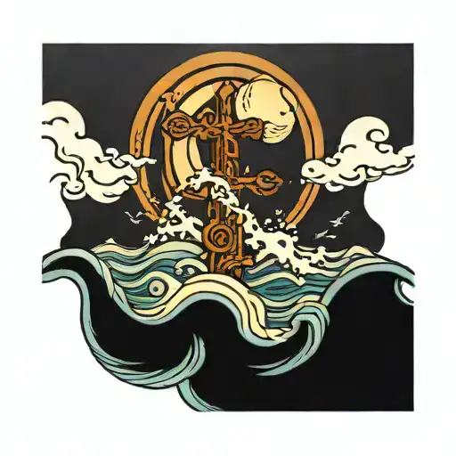 Waves Flowing With A Full Moon And Cross