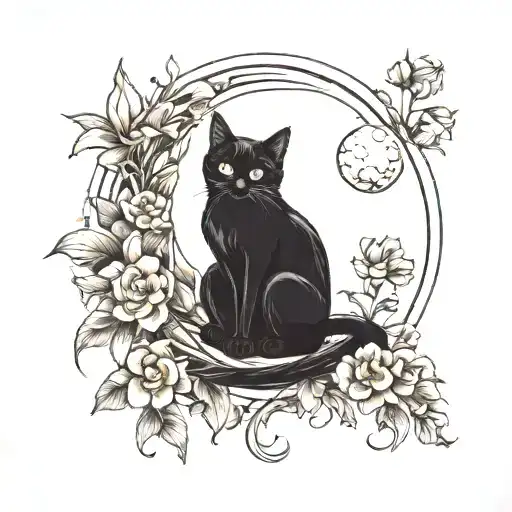 Black Cat Sitting On A Moon Surrounded By Flowers