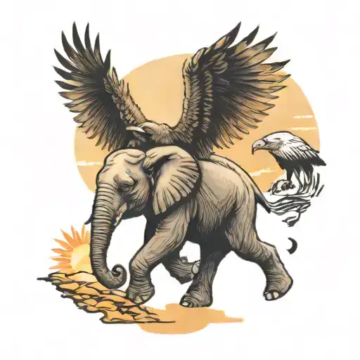 A Baby Elephant Walking With A Wolf Towards A Sunset And An Eagle Flying Above Them