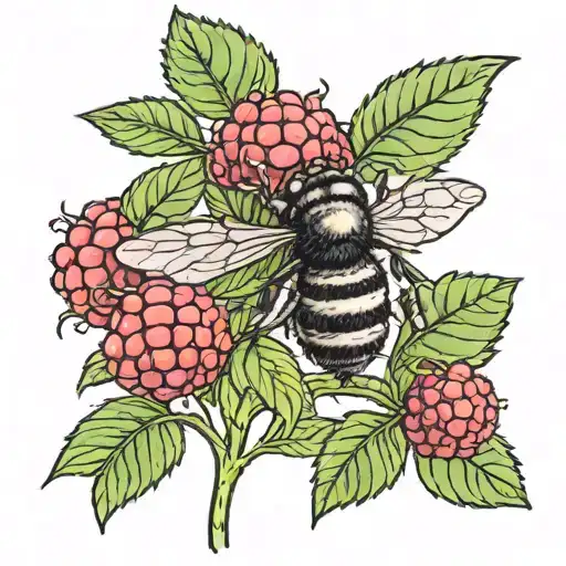 Raspberries On A Stem With A Bubble Bee