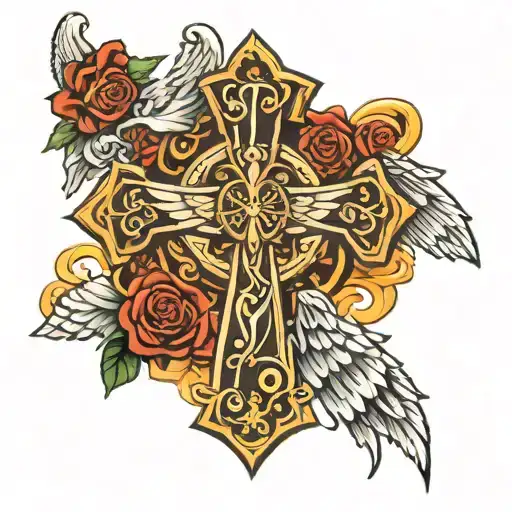 A Christian Cross With Angels And Warriors