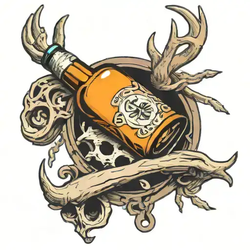 Beer Bottle Crossed With Piston Surrounded By Deer Antler