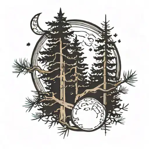 Three Pine Trees With Waning Gibbous Moon
