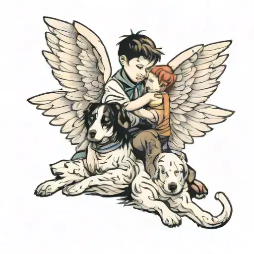 Two Kids With A Angle Wings Wrapping Around With A Dog
