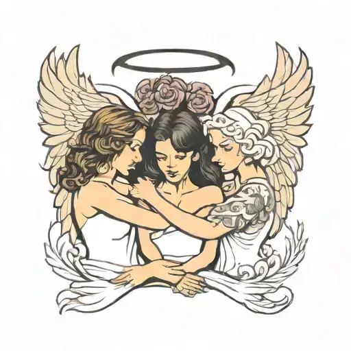 3 Sisters Holding Hands With Middle Sister Angel Wings