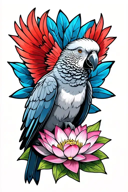 African Grey Parrot With Red Tail On Blue Lotus Flower