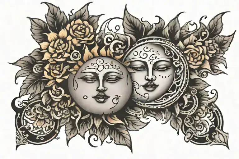 Moon And Sun With Flowers Growing